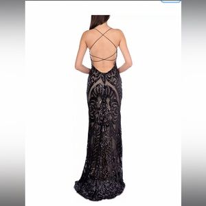 Black sequin/lace over lace up back prom dress